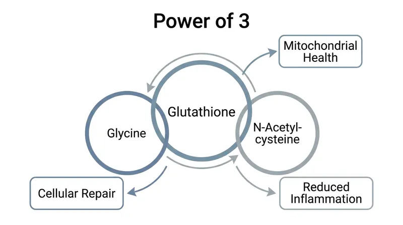 The 'Power of 3' synergy explains how the precursors and the resulting glutathione work together to repair cellular damage.