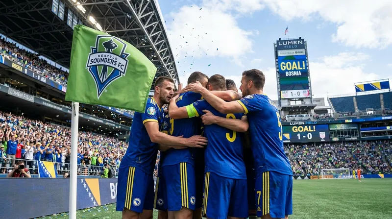 Bosnia and Herzegovina players celebrate during their 3-1 victory over Qatar in Seattle.