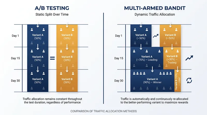 Unlike static A/B tests, MAB algorithms dynamically shift traffic toward the winning variant while the experiment is still running.