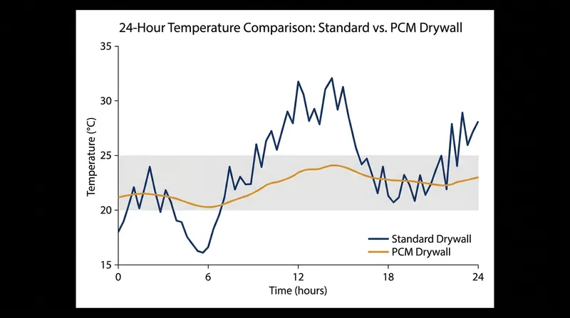 PCM wallboard significantly flattens indoor temperature fluctuations, reducing the peak load on air conditioning systems.