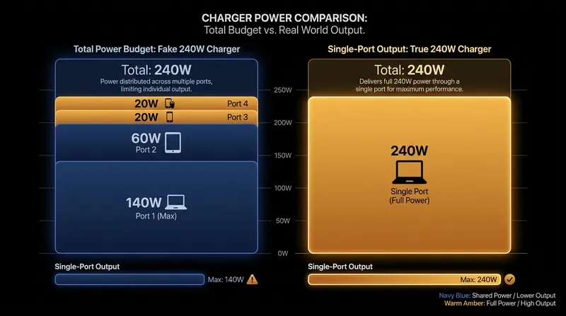 Many multi-port chargers advertise 240W total capacity, but cannot deliver the full 240W to a single device.