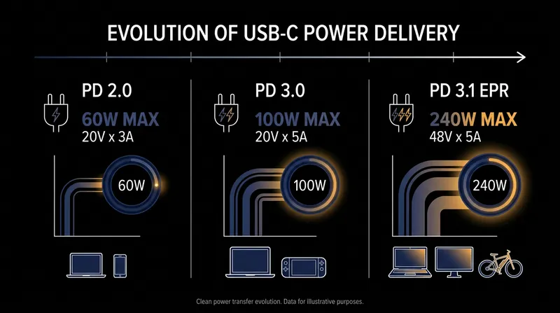The PD 3.1 Extended Power Range (EPR) standard achieves 240W by increasing voltage to 48V rather than pushing dangerous amounts of current.