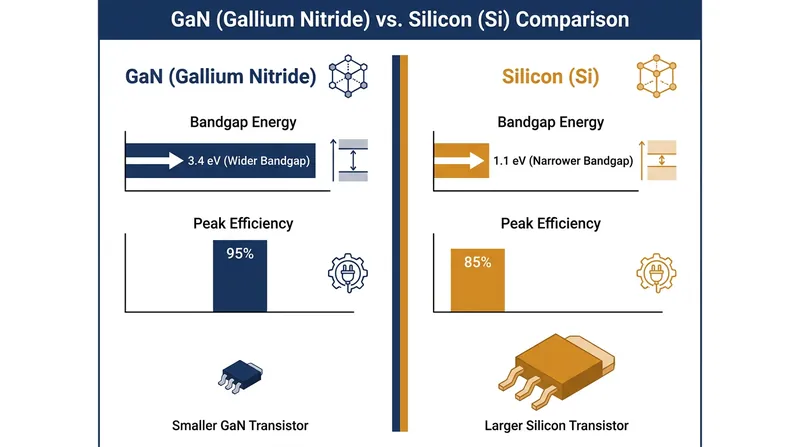 GaN's wider bandgap allows it to handle higher voltages with significantly less energy lost as heat.