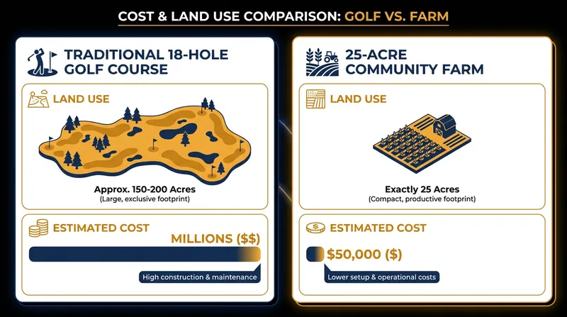 Developing a community farm requires a fraction of the upfront capital and ongoing maintenance costs of a traditional golf course.