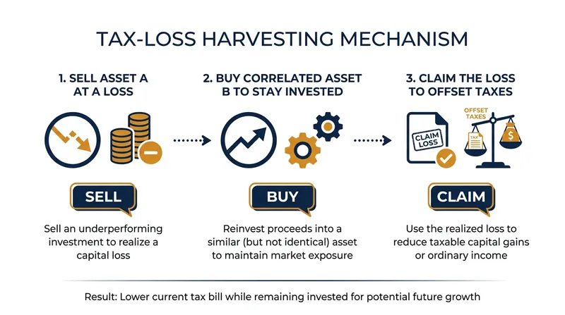 The core mechanism of tax-loss harvesting allows investors to maintain market exposure while securing a tax deduction.