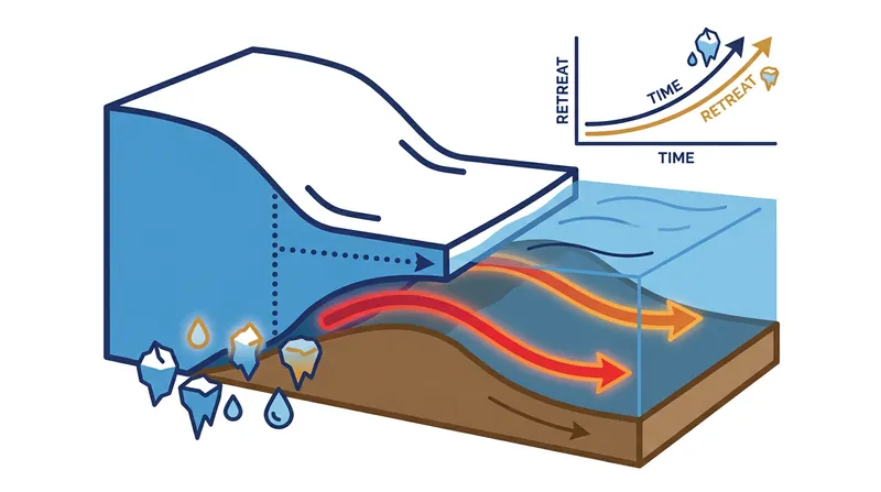 Warm ocean water intrudes beneath the ice shelf at the grounding line, triggering a self-reinforcing retreat.