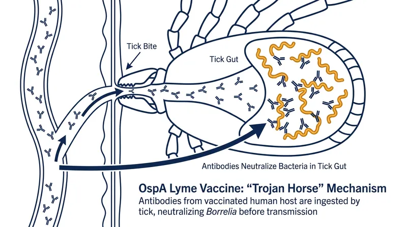 The OspA vaccine mechanism neutralizes the Lyme bacteria inside the tick's gut before it can enter the human bloodstream.