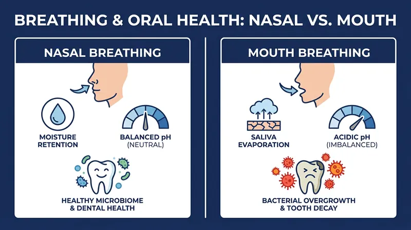 Chronic mouth breathing evaporates protective saliva, fundamentally altering the oral microbiome and increasing the risk of dental decay.