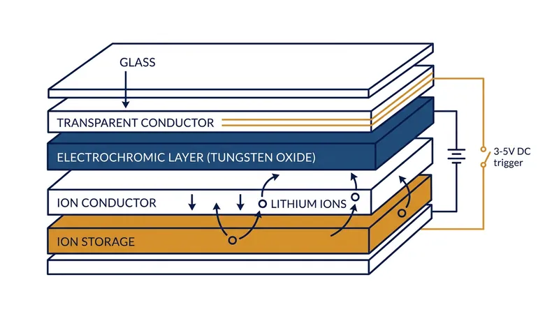 A low-voltage electrical current moves lithium ions into the electrochromic layer, causing the glass to darken.