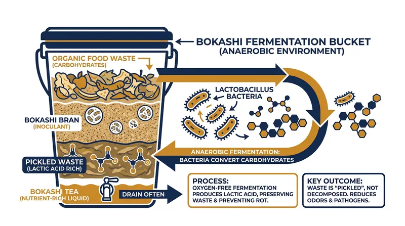 During homolactic fermentation, bacteria convert carbohydrates into lactic acid, dropping the pH and pickling the food waste.
