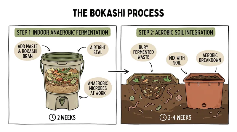 Unlike traditional composting, Bokashi is a two-step process: indoor fermentation followed by outdoor soil integration.