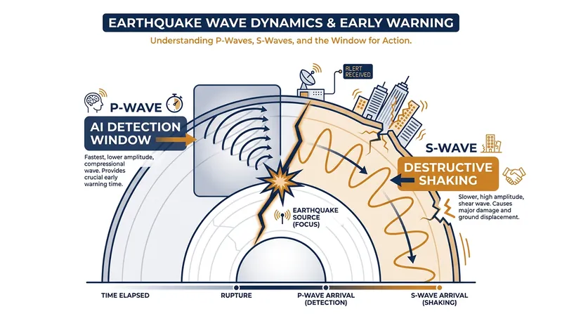 AI models analyze the initial P-waves to predict the severity of the incoming S-waves.