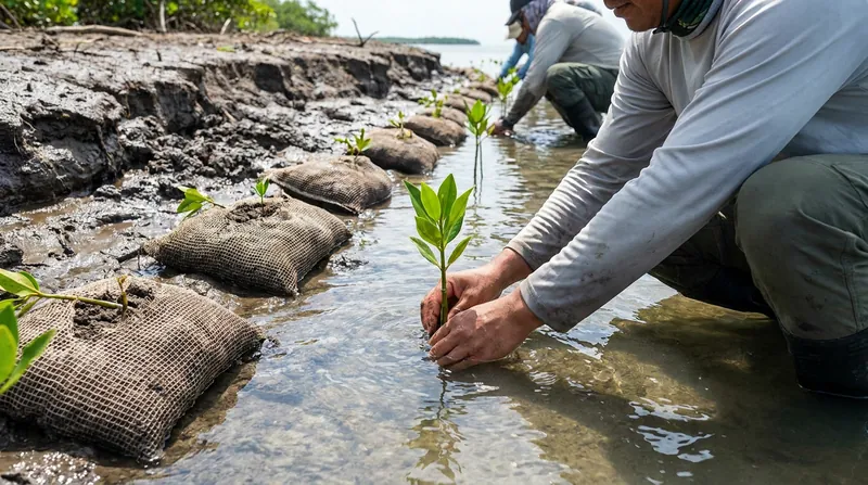 Conservationists planted 4,000 biodegradable 'living shoreline bags' to stabilize the bay and restore the mangrove perimeter.