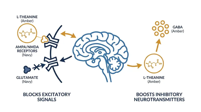 L-theanine acts as a neurological traffic controller, blocking excitatory signals while promoting inhibitory relaxation pathways.