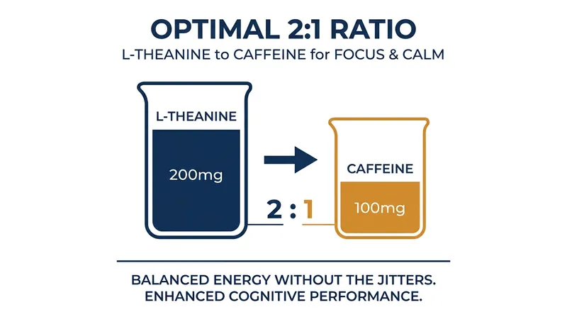 Clinical trials consistently use a 2:1 ratio of L-theanine to caffeine to maximize cognitive performance while eliminating jitteriness.
