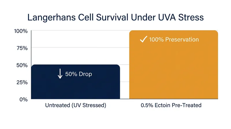 Clinical trials demonstrate that a 0.5% ectoin formulation completely preserves the skin's immune sentinels under UV stress.