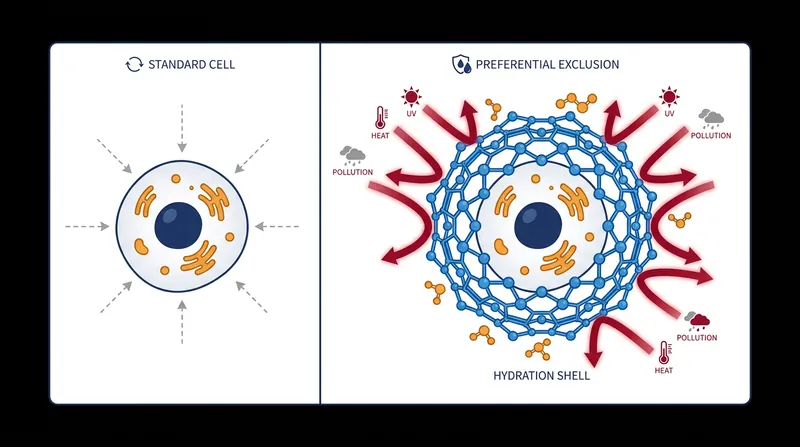 Through preferential exclusion, ectoin organizes surrounding water into a physical buffer that absorbs environmental stress.