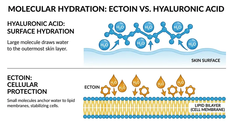 While hyaluronic acid draws moisture to the surface, ectoin anchors water at the cellular level to prevent evaporation.