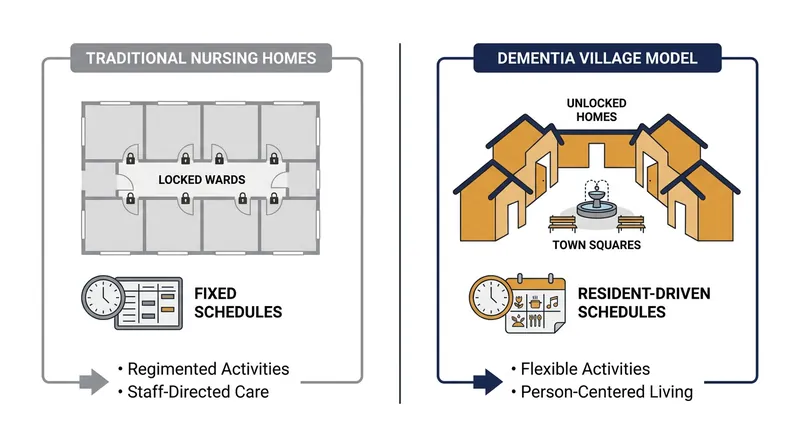 The architectural and operational shift from institutional care to the village model.