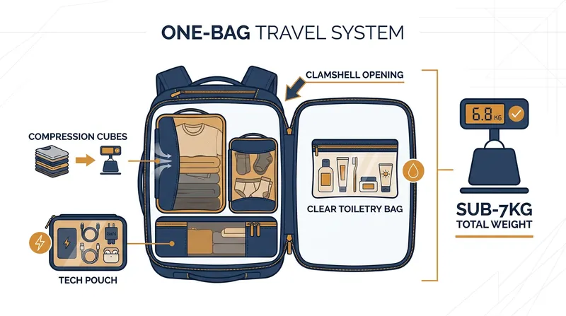 The anatomy of a modern one-bag setup relies on modular packing cubes and clamshell designs.