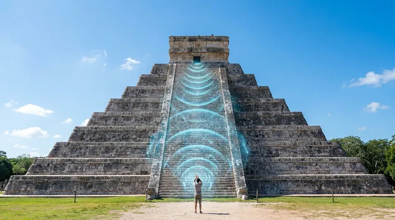 The limestone steps of the Kukulkan pyramid scatter the sound of a handclap to mimic the call of the sacred Quetzal bird.