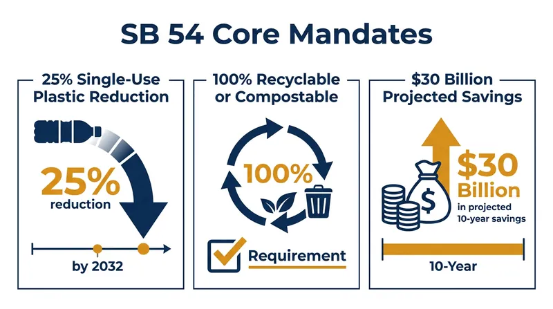 The core mandates and projected economic impact of California's Senate Bill 54.