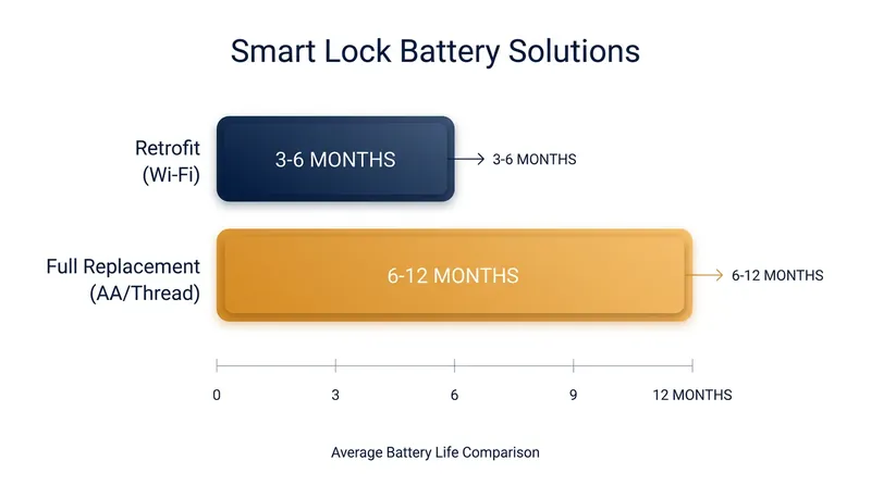 Full deadbolt replacements typically offer significantly longer battery life due to larger battery capacities.