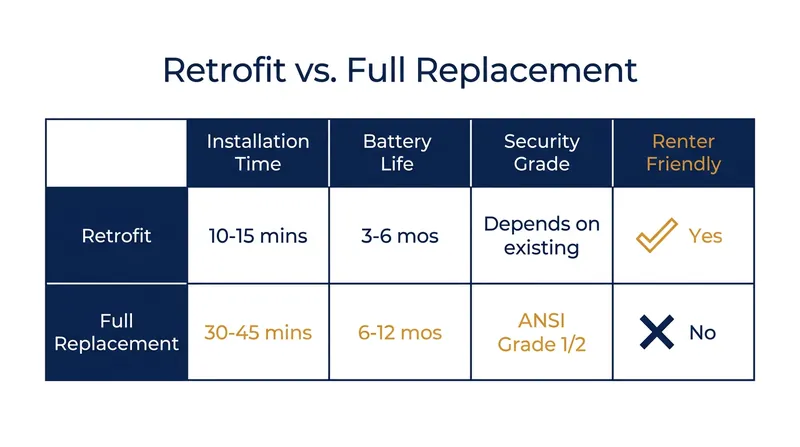 A breakdown of the key trade-offs between retrofit and full replacement smart locks.