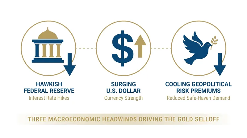 The trifecta of headwinds dismantling gold's upward momentum.
