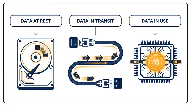 While encryption at rest and in transit are standard, Confidential Computing secures the final vulnerability: data actively being processed.