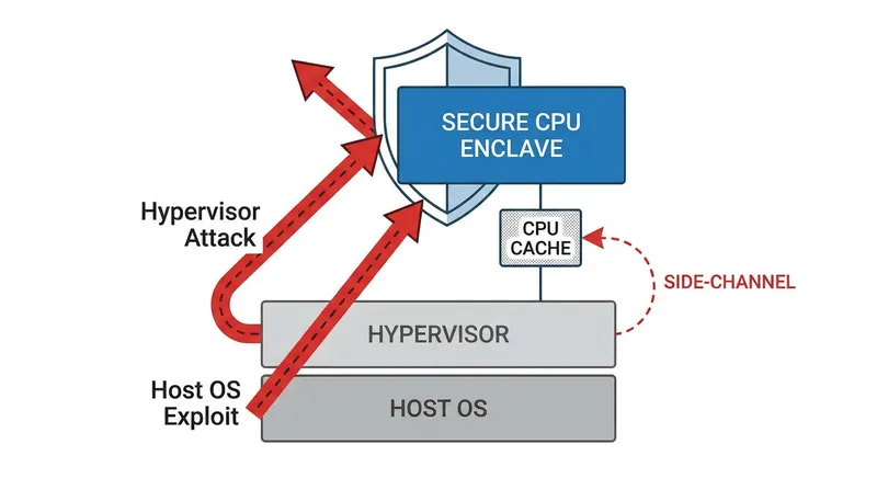 Hardware enclaves successfully block software-level snooping, but remain vulnerable to advanced side-channel attacks that monitor shared CPU resources.