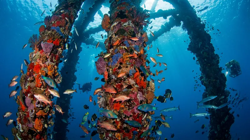 Over decades, the submerged steel of offshore platforms becomes a thriving habitat for marine life.