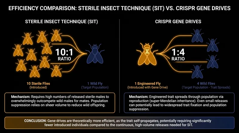 Mathematical models show gene drives require 40 times fewer insects to suppress a population compared to traditional radiation sterilization.