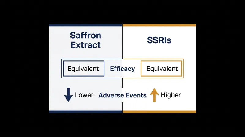 Meta-analyses show saffron matches the efficacy of SSRIs with a superior tolerability profile.