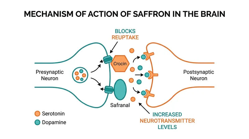 Saffron's active compounds inhibit the reuptake of key mood-regulating neurotransmitters.