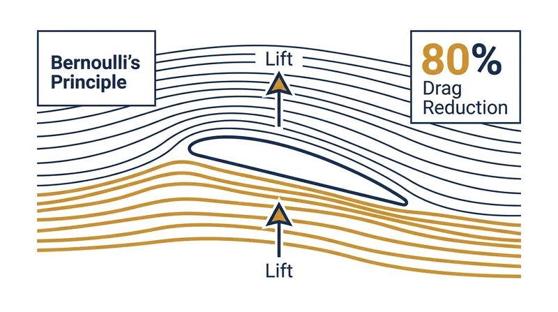 Hydrofoils utilize Bernoulli's principle to generate lift, hoisting the heavy hull out of the water to eliminate hydrodynamic drag.