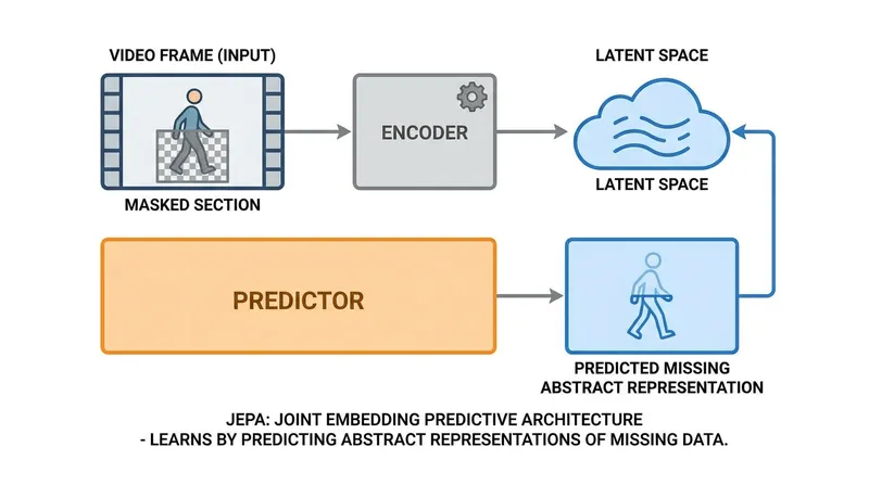 The JEPA architecture forces AI to learn physics by predicting abstract representations of missing video frames.