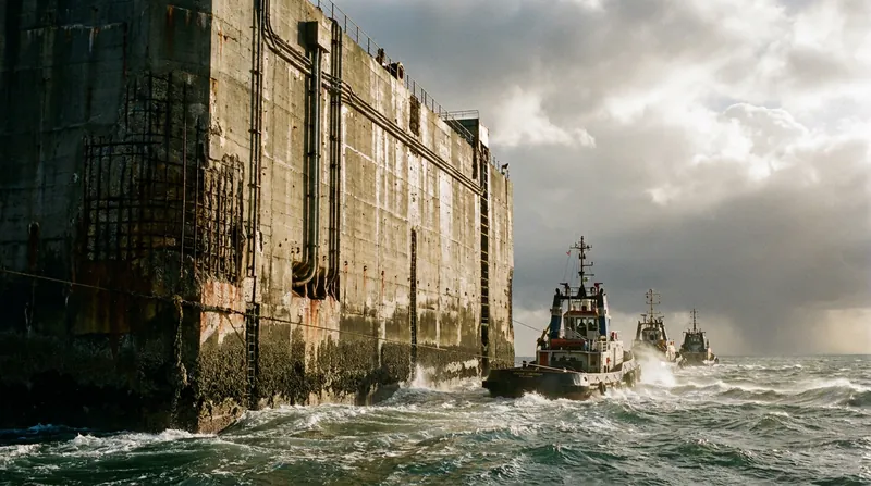 Each of the 23 concrete caissons weighs 22,000 tonnes and is towed out to sea by heavy-duty tugboats.
