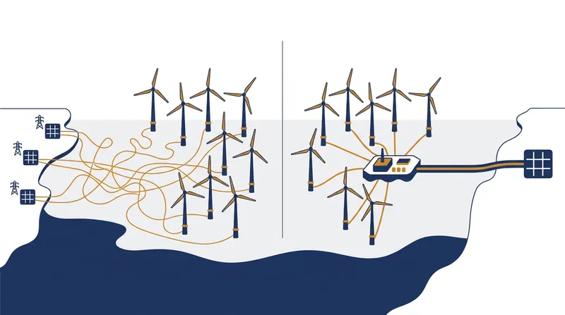 The hub-and-spoke model prevents seabed congestion by bundling power at sea before sending it to shore.