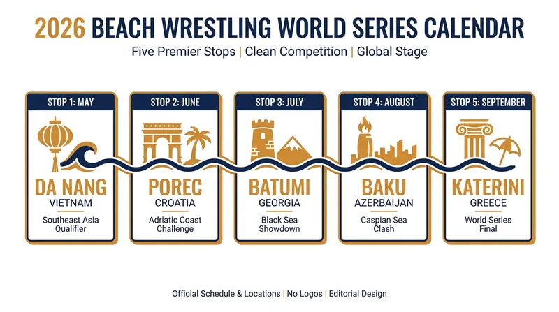 The five international stops determining the 2026 Beach Wrestling World Series champions.