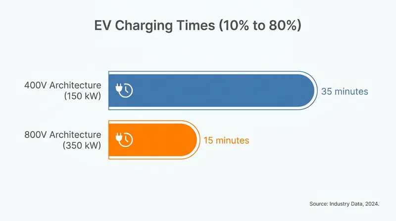 Higher voltage allows the battery to accept massive amounts of power without overheating, drastically reducing charge times.