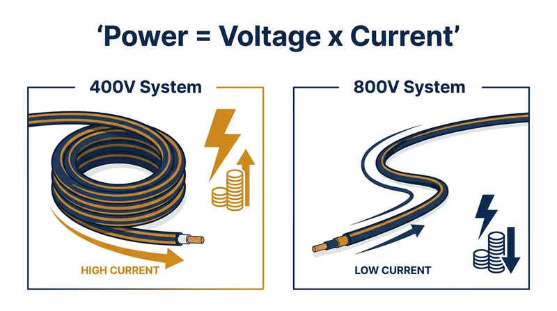 By doubling the voltage, engineers can deliver the exact same amount of power using half the current.