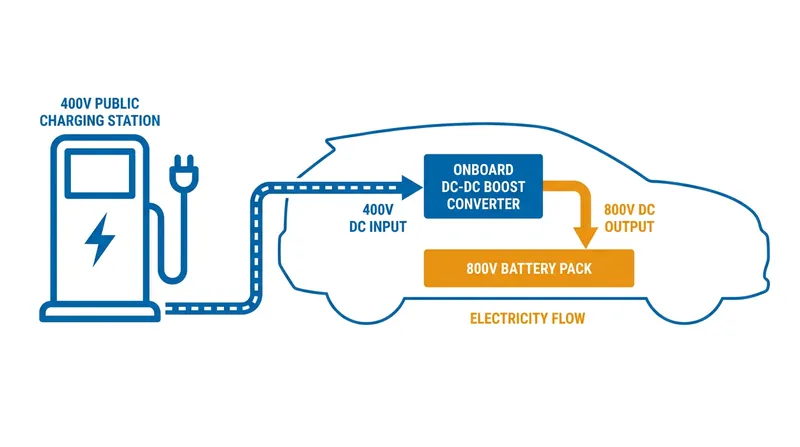 When using older 400V chargers, 800V vehicles must route the electricity through an onboard boost converter, which can limit charging speeds.