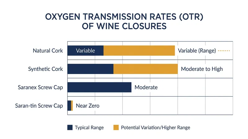 Different closures offer wildly different Oxygen Transmission Rates (OTR), dictating how fast a wine ages.