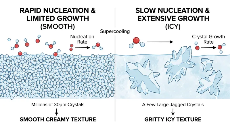Rapid freezing forces the nucleation of millions of tiny crystals, preventing the growth of large icy shards.