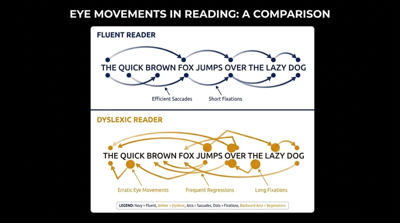 Struggling readers exhibit longer fixations, shorter saccades, and frequent backward regressions.