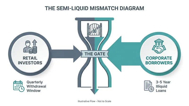 Semi-liquid funds bridge the gap between retail investors seeking quarterly access and corporate borrowers requiring multi-year loans.