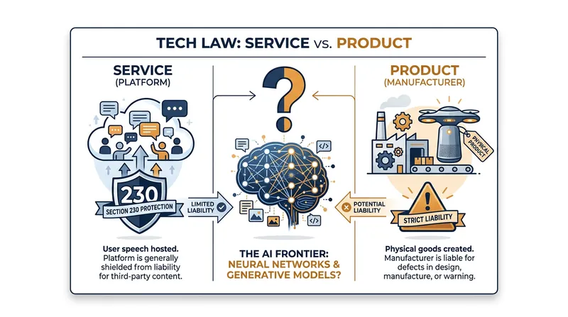 The core legal dispute centers on whether generative AI is a communication service or a manufactured product.