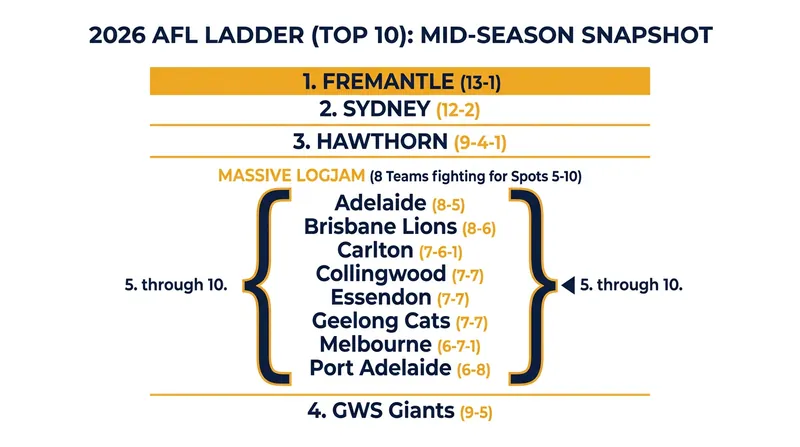 The 2026 AFL ladder features a clear top two, a surging Hawthorn, and a massive middle-tier logjam.