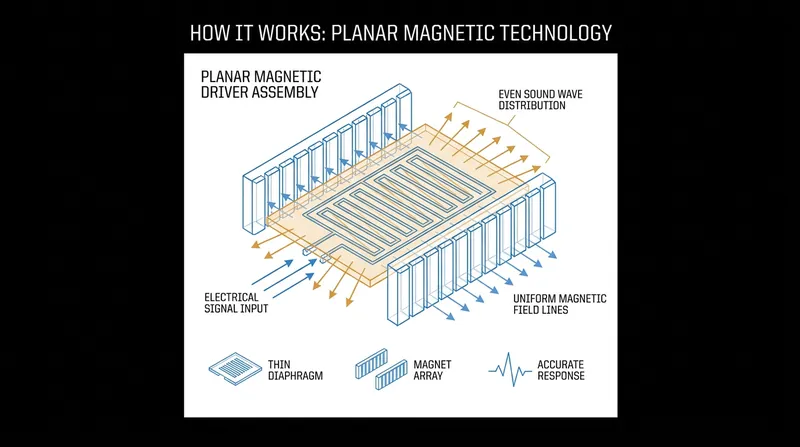 Planar magnetic drivers use a flat film suspended between magnets, allowing the entire surface to move uniformly and reducing distortion.